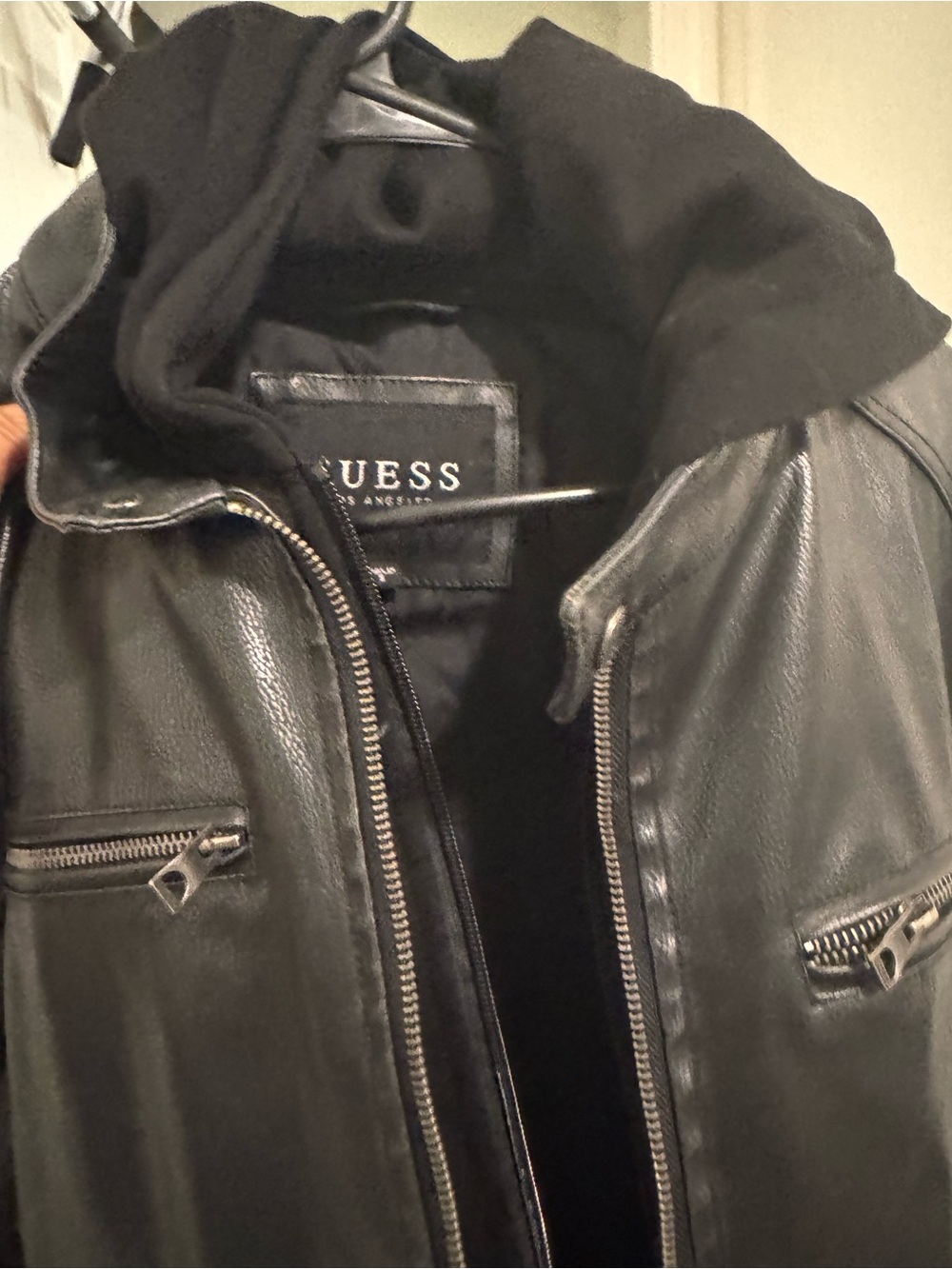 GUESS Black Leather Bomber Jacket with Hood